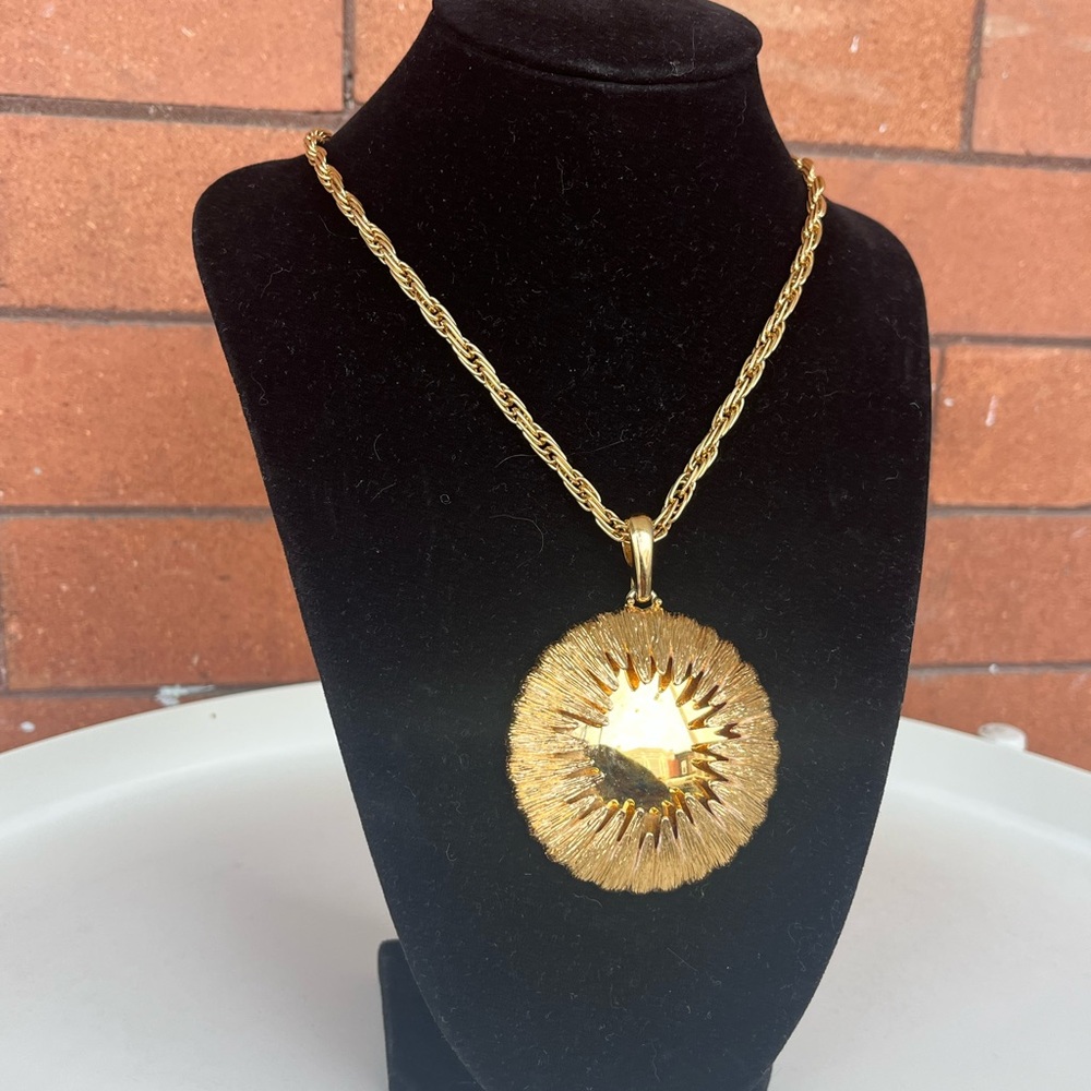 Rare Vintage Monet Modernist Sunburst Statement Pendant Necklace, Gold Plated